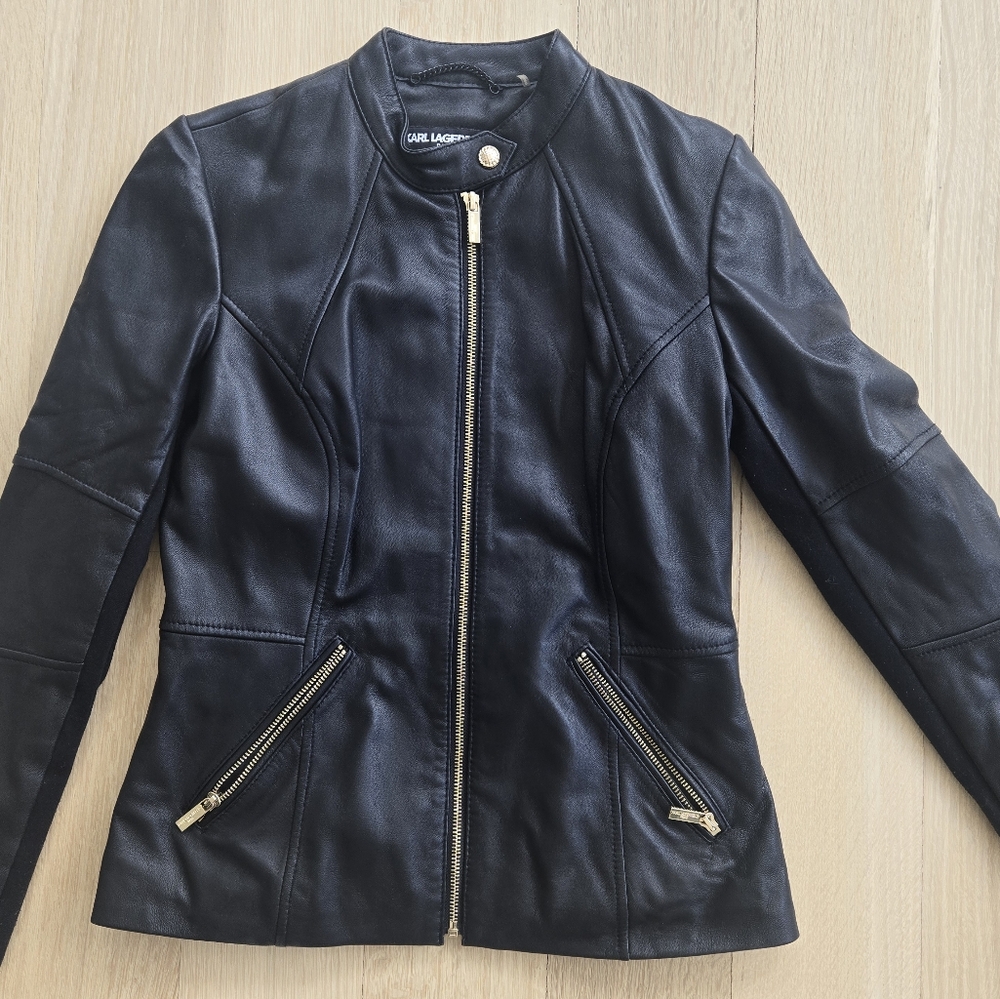 Karl Lagerfeld Black Leather Jacket with Gold Hardware